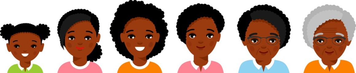 Set of african american age group avatars woman in colorful style. All age group of african american female. Stages of development people - infancy, childhood, youth, maturity, old age.