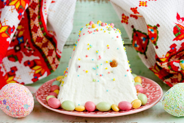 Traditional Easter molded cottage cheese dessert paska