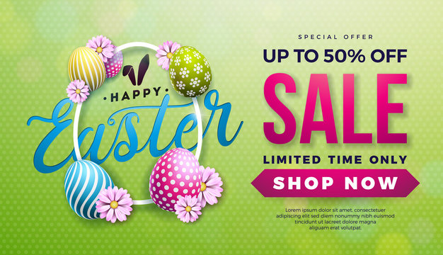 Easter Sale Illustration with Color Painted Egg, Spring Flower and Rabbit Ears on Green Background. Vector Holiday Design Template for Coupon, Banner, Voucher or Promotional Poster.