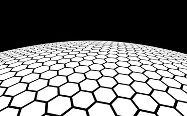White honeycomb on a dark background. Perspective view on polygon look like honeycomb. Ball, planet, covered with a network, honeycombs, cells. 3D illustration