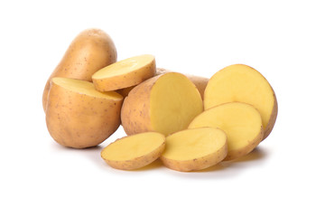 Potato cut slices isolated on white background. Copy space