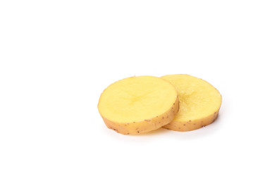 Potato cut slices isolated on white background. Copy space