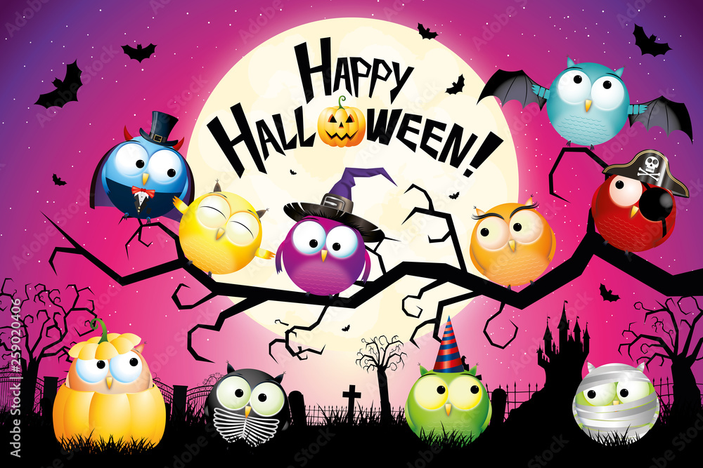 Poster happy halloween card with cartoon owls