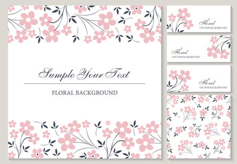 Flower vector card. Template. Blank wedding invitation, greeting card, banner. Flowers, leafs, pink rose. Decorative frame. Set.
