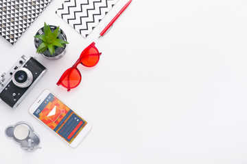 Man holds a tablet and looks at the screen. Mobile development. Innovational online businesses. Internet technologies. Trendy design. Geometry. Fashionable vibrant colors. Using a device. UX and UI.