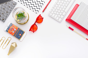 Man holds a tablet and looks at the screen. Mobile development. Innovational online businesses. Internet technologies. Trendy design. Geometry. Fashionable vibrant colors. Using a device. UX and UI.