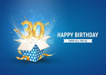 30 th years anniversary banner with open burst gift box. Template thirty birthday celebration and abstract text on blue background vector illustration