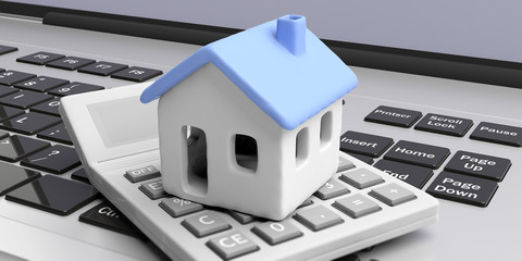 House model with blue color roof and calculator on a computer laptop. 3d illustration - obrazy, fototapety, plakaty
