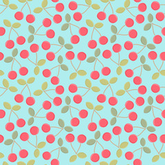 Seamless vector pattern with cute cherries in retro colors. 