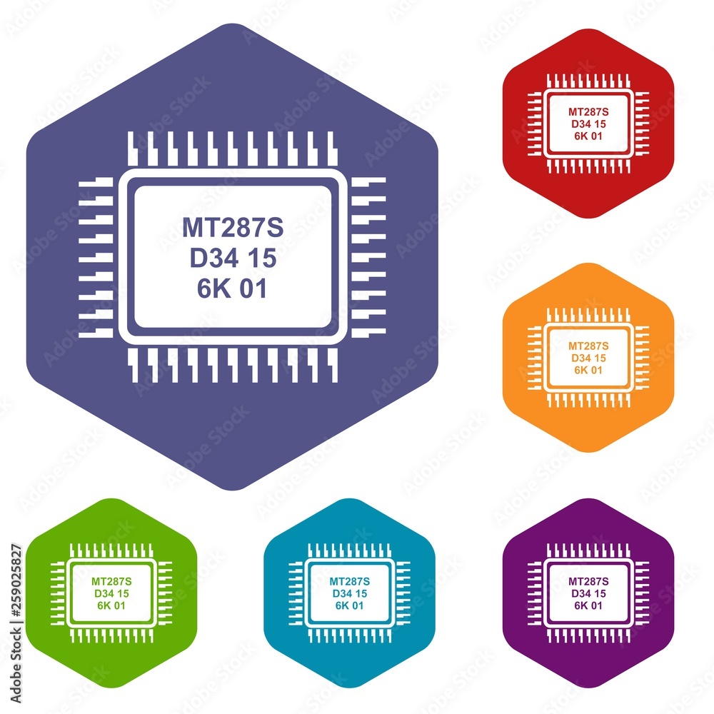 Poster micro microchip icons vector colorful hexahedron set collection isolated on white