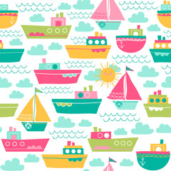 Summer background with boats and sun. Seamless vector pattern with sailboats, waves and clouds.