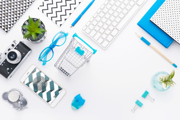 Man holds a tablet and looks at the screen. Mobile development. Innovational online businesses. Internet technologies. Trendy design. Geometry. Fashionable vibrant colors. Using a device. UX and UI.