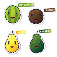 watermelon, coconut, pear and avocado stickers that look cute and attractive with a smiling face on a white background.