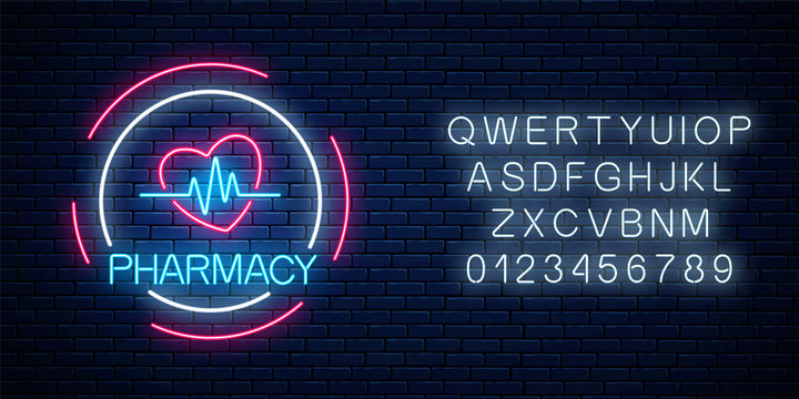Neon pharmacy glowing signboard with heart shape and pulse graph with alphabet. Illuminated drugstore sign open 24 hours