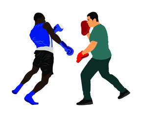 Fototapeta na wymiar Trainer and boxer vector illustration isolated on white background. Sparring partner martial arts. Direct kick. Clinch, knockout, hook, uppercut. Coach teaches young fighter on training MMA in ring. 