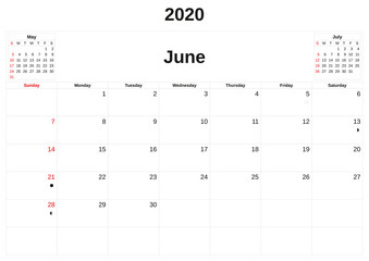 2020 a monthly calendar  with white background.