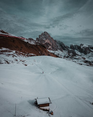 Winter aerial view at ski resort of Seceda in Italian alps.