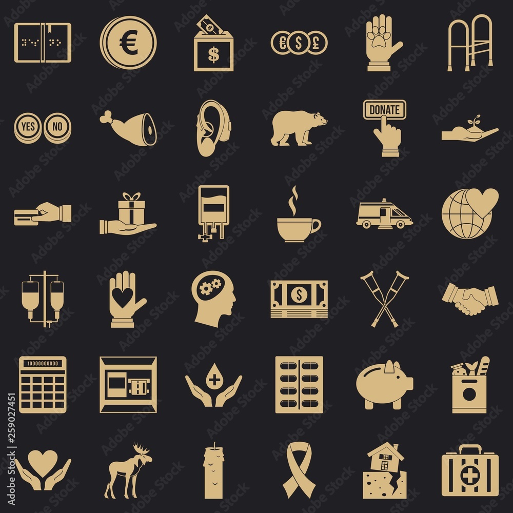 Poster donation icons set. simple style of 36 donation vector icons for web for any design