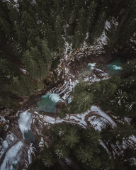 Aerial view at winter Krimml Waterfalls/Krimmler Wasserfälle  in Austrian Alps with cloudy weather.