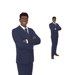 Elegant businessman in suit. Isolated vector on white. Black man. Standing Person. People character. Business, success, startup concept. Portrait of Full length. Lawyer, Boss. Front view man. Vector.