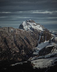 Snow covered Alp mountains in Italy. View from Seceda.