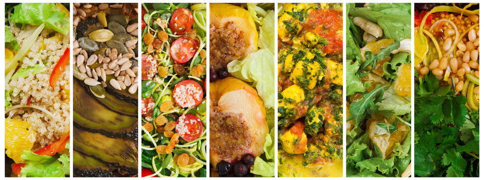 Collage of various kinds of restaurant menu dishes