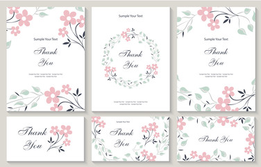 Flower vector card. Template. Thank you. Blank wedding invitation, greeting card, banner. Flowers, leafs, pink rose. Decorative frame. Set.