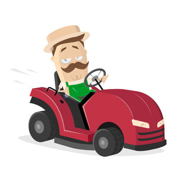 recommend clip art: funny cartoon gardener with lawn mower tractor