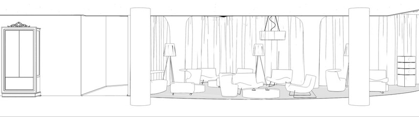 restaurant, 3D illustration, sketch, outline