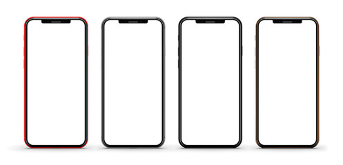 Set of four smartphones gold, red, silver and black - blank screen and isolated on white background, high resolution. Template, mockup.