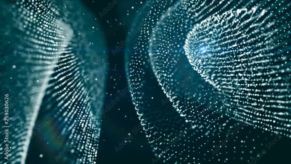 Poster dof particles, beautiful wavy surface with fabric effect, 3d rendering background, computer renderin