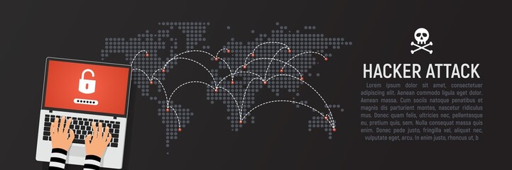 Global hacker attack world map vector illustration web banner rectangle template. World internet security in danger dark background in flat design. Internet phishing - obrazy, fototapety, plakaty