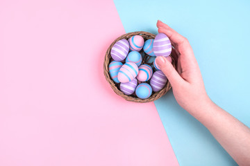 Woman hand holding dyed on blue, pink and violet Easter eggs in the straw basket isolated on blue background. Easter theme flatlay.