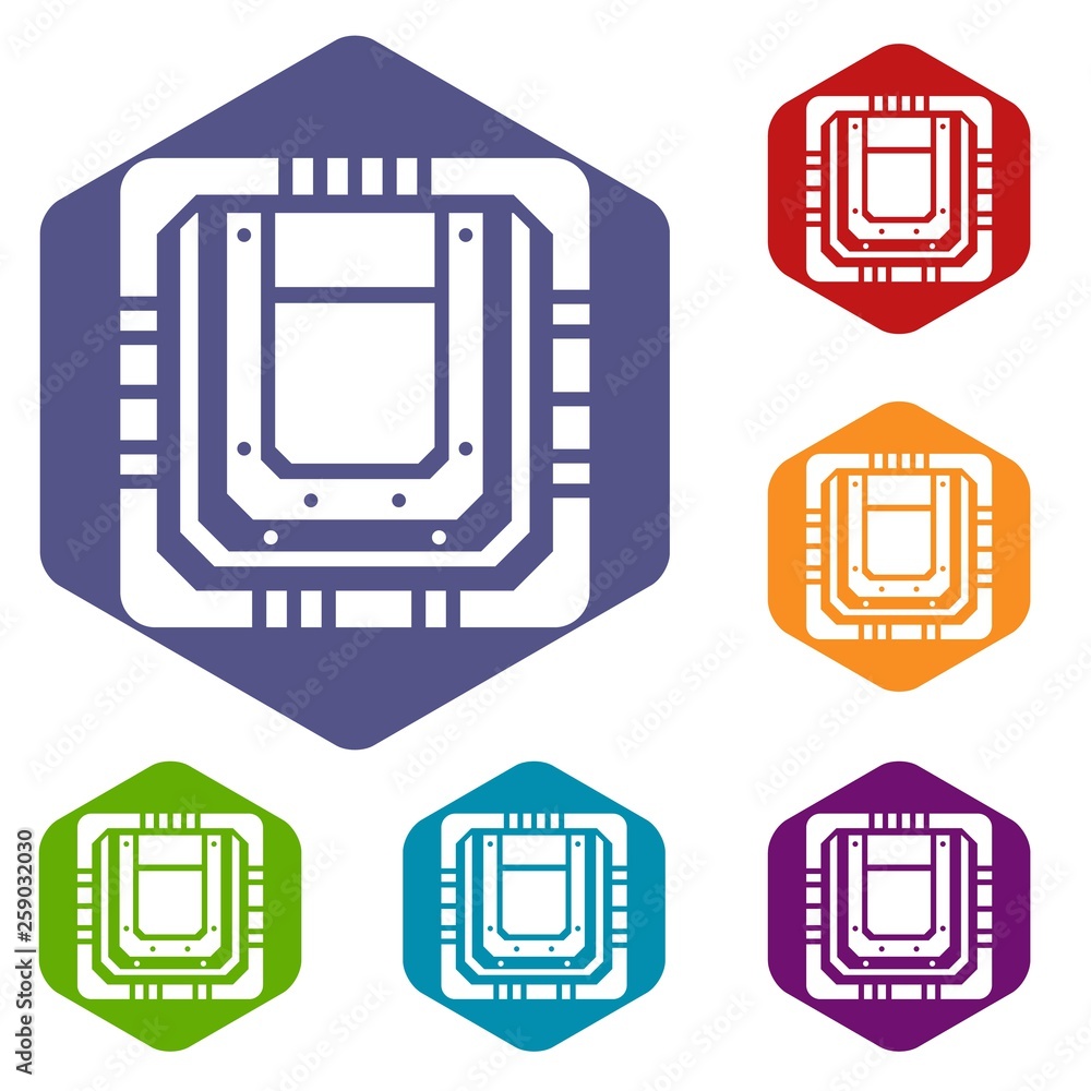 Poster modern microchip icons vector colorful hexahedron set collection isolated on white