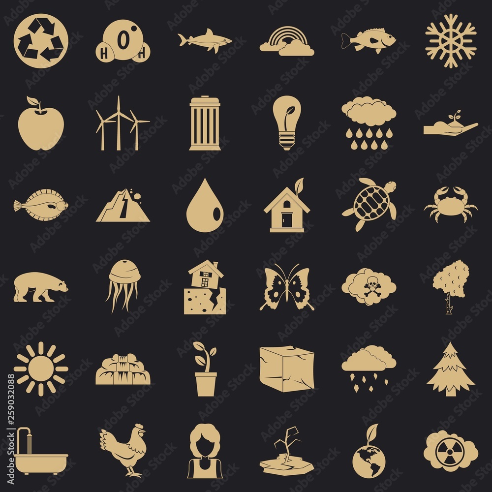 Poster planet earth icons set. simple style of 36 planet earth vector icons for web for any design