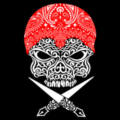 tribal skull with red bandana and cross pen isolated black background - vector art