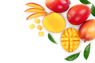 Mango fruit and half with slices isolated on white background with copy space for your text. Top view. Flat lay