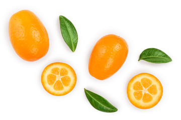 Cumquat or kumquat with half isolated on white background. Top view. Flat lay