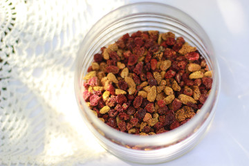 Dried red and white strawberries, delicious fragrant forest tea