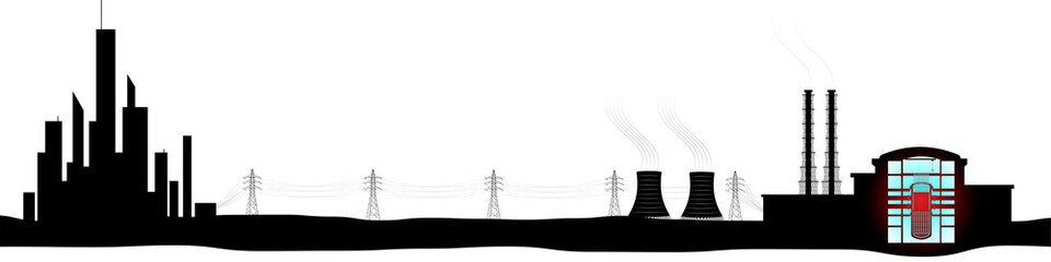 Black silhouette of nuclear power plant and megalopolis. Generation and transmission of electricity. Radiation and danger associated with it.