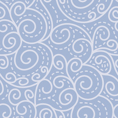 Blue vector seamless pattern with swirls in solid and dashed lines. Romantic style decorative pattern background for textile, cards, wallpaper, scrapbooking projects, fashion.