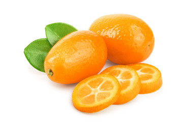 Cumquat or kumquat with slies isolated on white background
