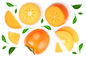persimmon fruit isolated on white background. Top view. Flat lay pattern