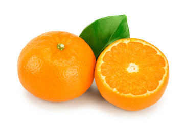 tangerine or mandarin fruit with leaves isolated on white background