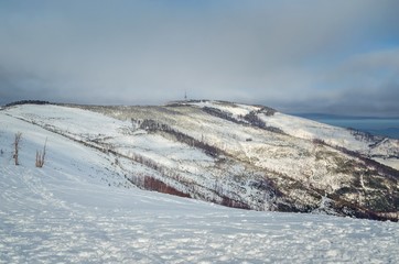 Beautiful winter snow-white mountain landscape. Beautifully snow-capped mountains in Poland.