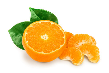 tangerine or mandarin fruit with leaves isolated on white background