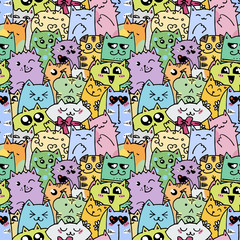 Cute doodle cats seamless pattern. Great for coloring book, wrapping, printing, fabric and textile