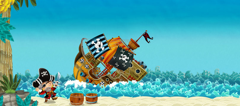 cartoon scene with pirates on the sea battle with sinking ship - illustration for the children