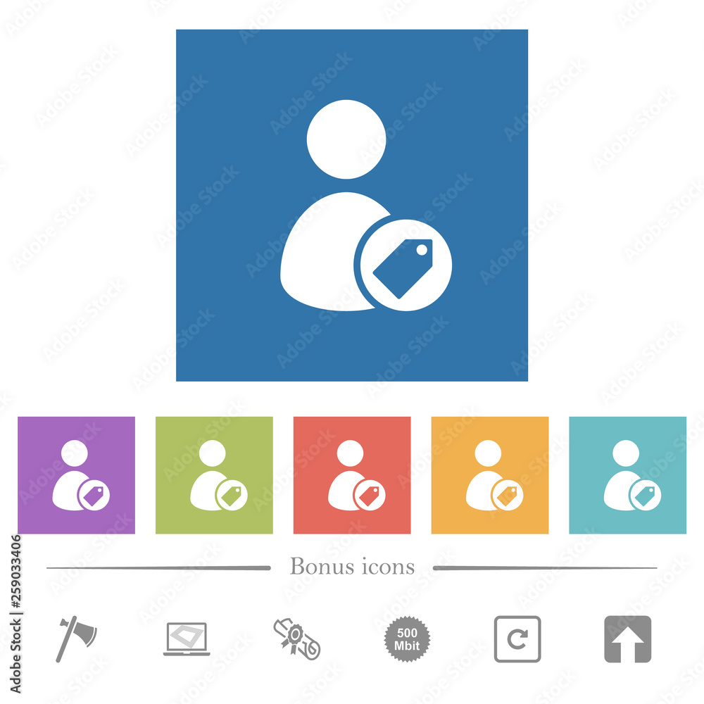 Poster tagging user flat white icons in square backgrounds