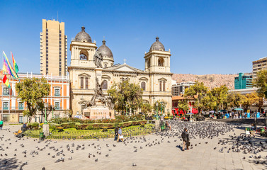 Fototapeta na wymiar Plaza Murillo, La Paz central square full of pigeons with cathedral in the background, Bolivia